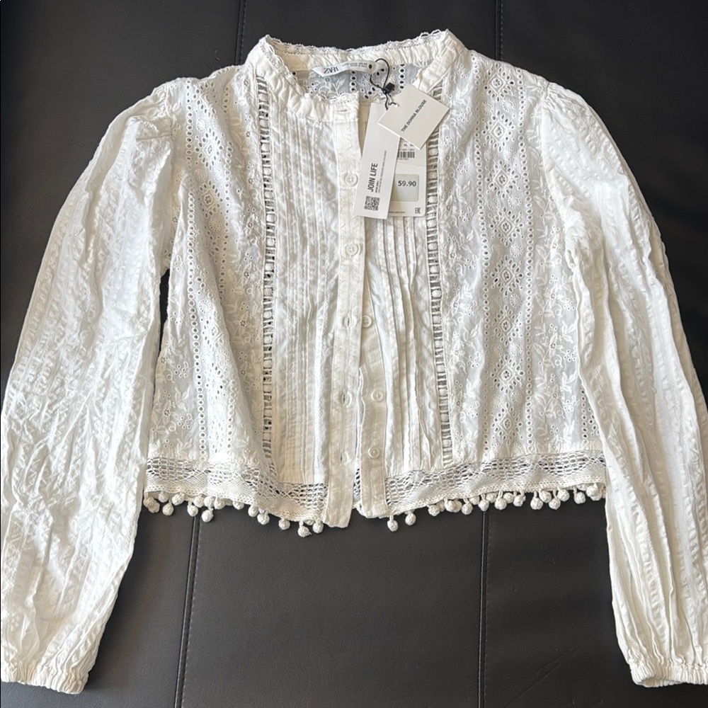 Zara White Ruffled Long Sleeve Blouse with Mandarin Collar